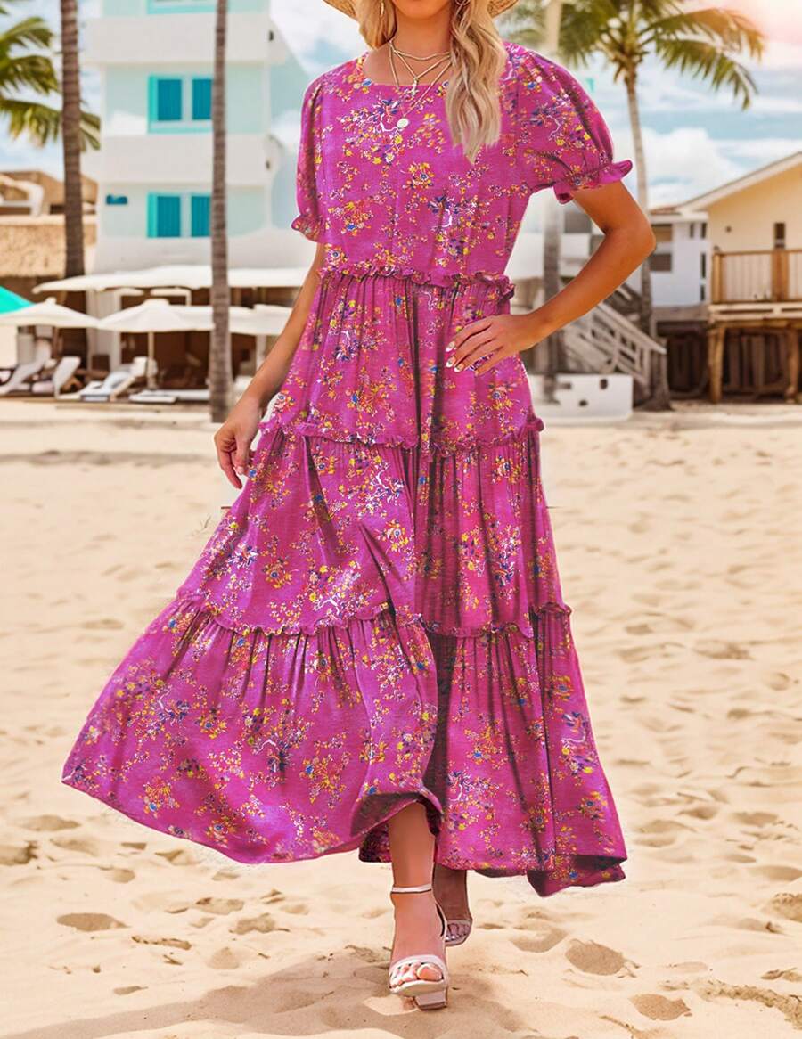 Women's Ditsy Floral Long Maxi Dress, Crew Neck Lantern Short Sleeves Layer Ruffle Hem A-Line Dress - Màu Hồng Dưa hấu - Xem 1