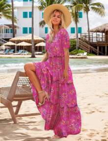 Women's Ditsy Floral Long Maxi Dress, Crew Neck Lantern Short Sleeves Layer Ruffle Hem A-Line Dress - Màu Hồng  Dưa hấu - Xem 3