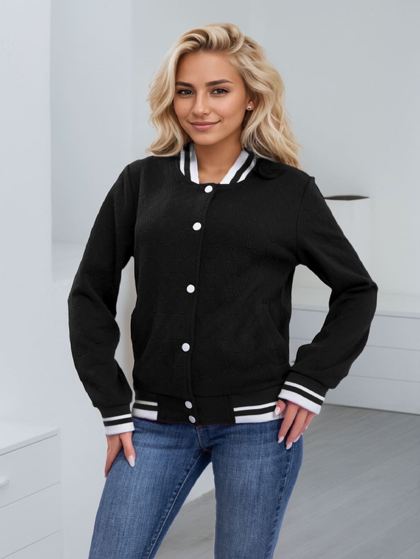 Women's Lightweight Baseball Jacket - Versatile Stitching Fabric Outerwear With Multi-Fabric Options And Unique Patterns - BLACK+WHITE - View 1
