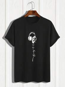 Men's Music Is Life T-Shirt With Music Print And Headphones Launch 100% Cotton Premium Mesh Shirt - 黑色 - 查看 3