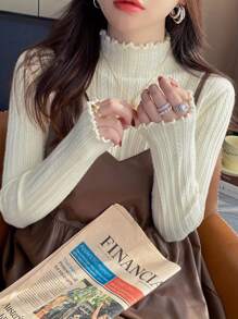 Women's Sweater Mullet Lace Half High Neck Knit Sweater Autumn And Winter Inner Solid Color Bottom Shirt Top - Màu be - Xem 3