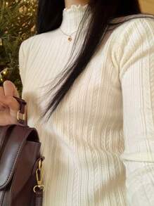 Women's Sweater Mullet Lace Half High Neck Knit Sweater Autumn And Winter Inner Solid Color Bottom Shirt Top - Màu be - Xem 1