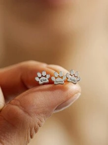 1 Pair Cute & Playful Pet Paw Print Customized English Name Stainless Steel Earrings, Pet Lovers, Cat & Dog Lovers, Fashion Jewelry Accessories Gift, Creative Surprise And Exquisite Gift For Family And Friends - Multicolor - View 3