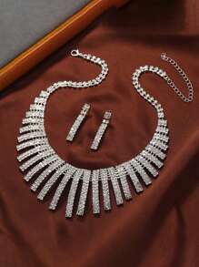 Conjunto De Joyas Elegante De 2piezas/Set: Collar Con Cadena De Garra De Rhinestone Minimalista, Pendientes Para Vestido De Noche, Joyería Nupcial Completamente Con Diamantes De Moda, Adecuado Para Uso Diario, Bodas, Fiestas, Etc. De Las Mujeres - Plateado - Ver 5
