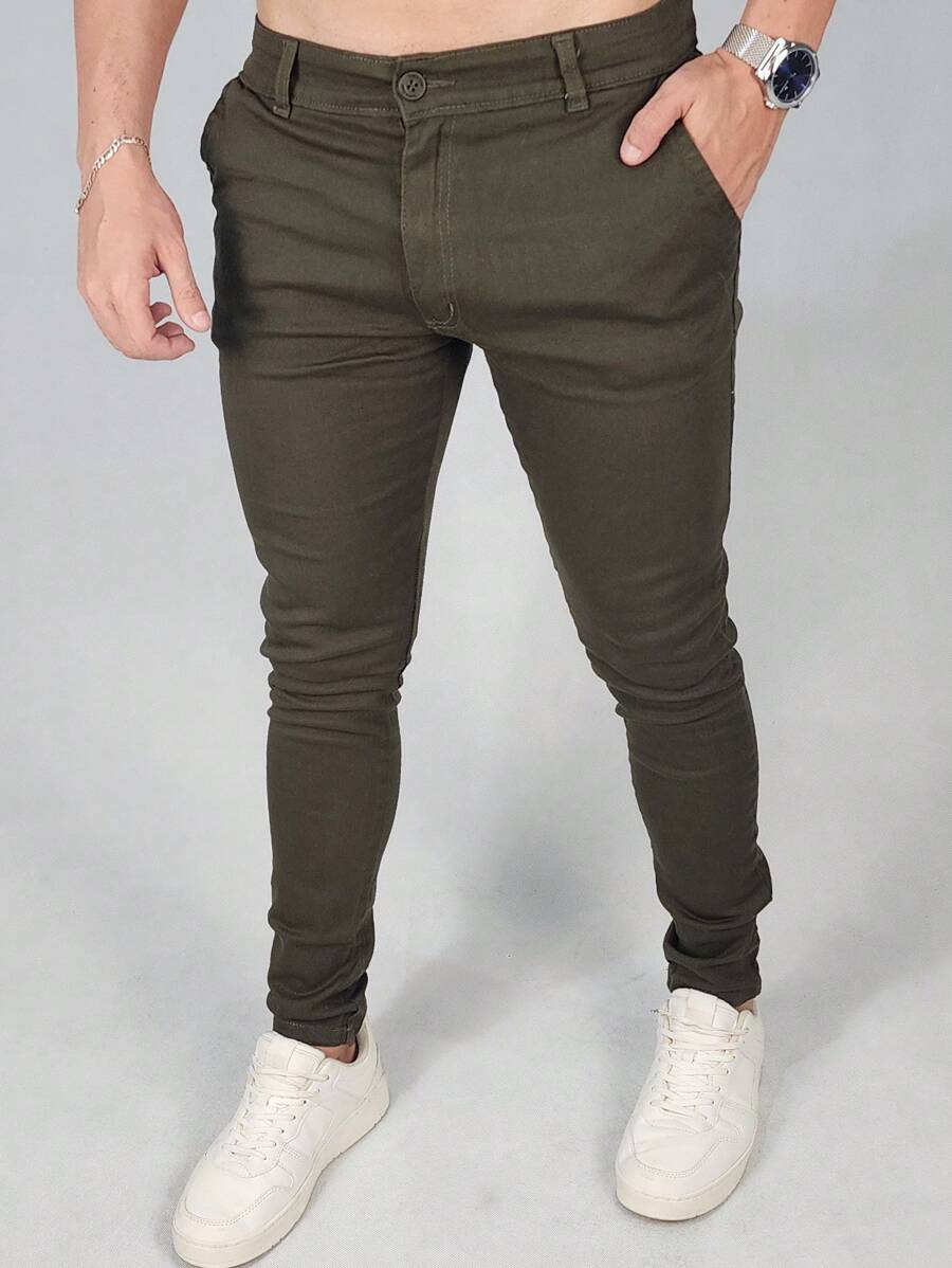 Men's Tailored Social Pants Twill, Elastane, Lycra, Skinny, Built-In Pocket - Màu xanh lá cây đậm - Xem 1