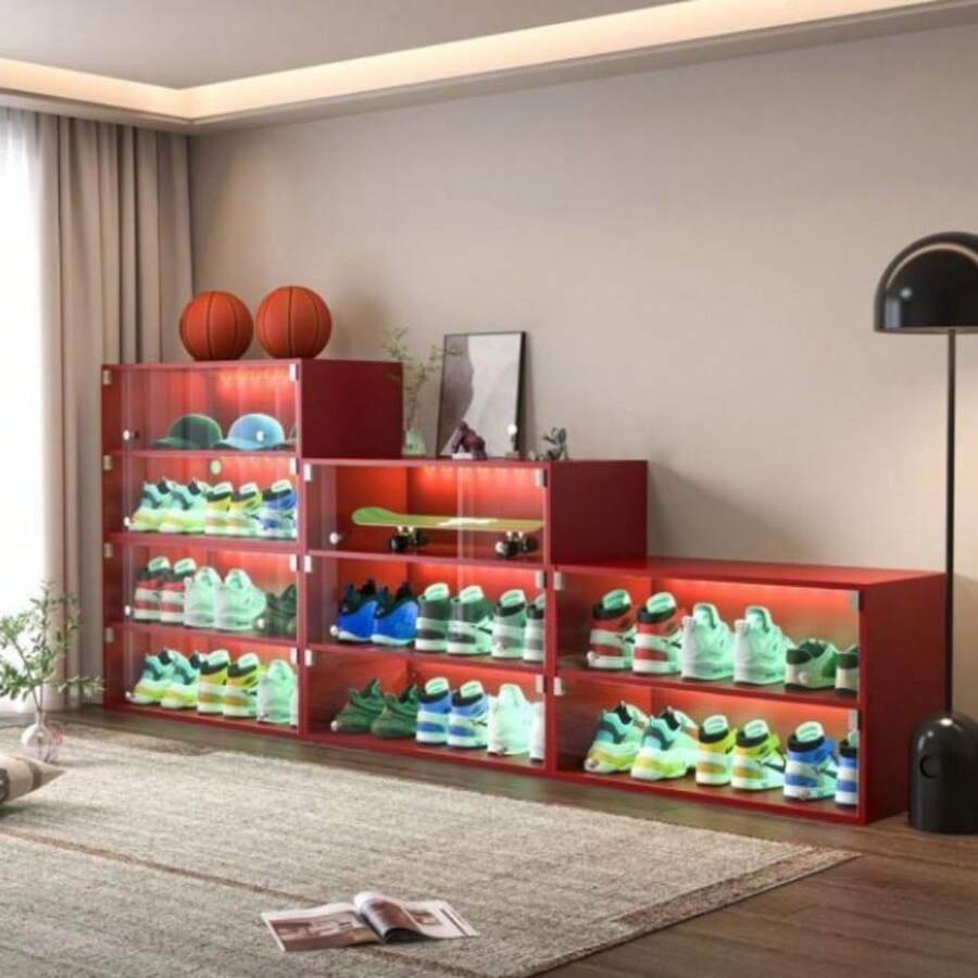 Red Glass Door Shoe Box Shoe Storage For Sneakers With RGB Led