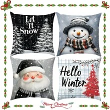 Bộ 4 vỏ gối Giáng sinh, màu nước đen trắng hình ông già Noel và người tuyết, họa tiết cây thông Noel, chất liệu nhung đào mềm mại, vỏ gối 45*45CM thích hợp trang trí ghế sofa trong nhà, trang trí tiệc, quà tặng gối trang trí - Nhiều màu - Xem 4