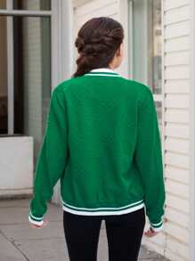 Women's Lightweight Baseball Jacket - Versatile Stitching Fabric Outerwear With Multi-Fabric Options And Unique Patterns - Dark Green - View 3