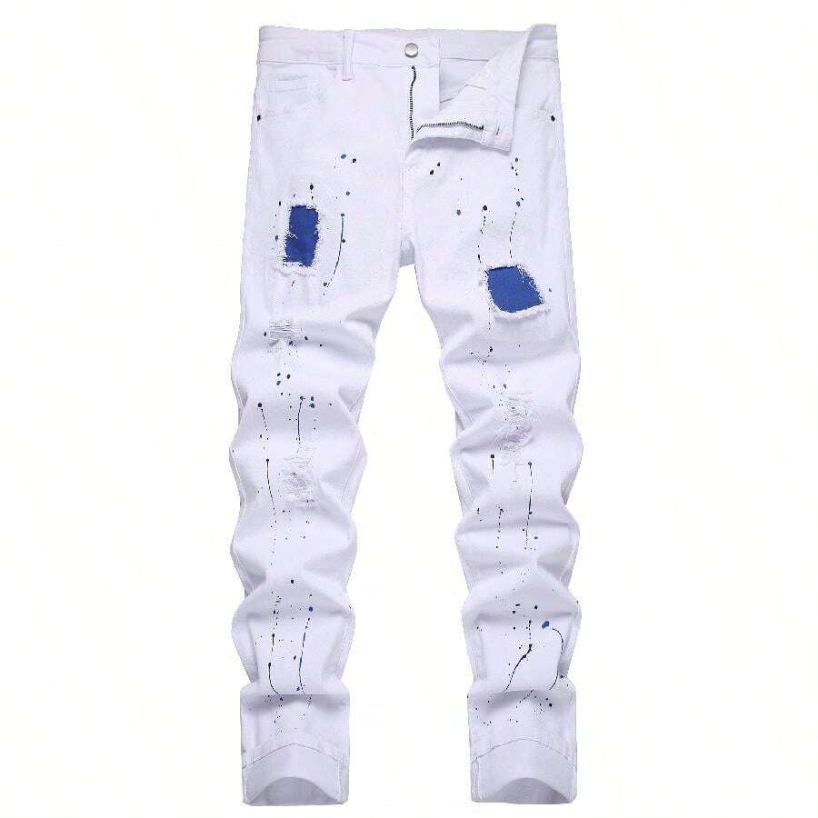 Mens Ripped Jeans, Distressed Destroyed Slim Fit Straight Leg Denim Pants - 白色 - 查看 1
