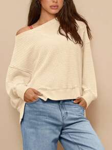 Women's Autumn Oversized Crew Neck Sweatshirt Casual Long-Sleeved Pullover Waffle Knit Top - 米色 - 查看 1