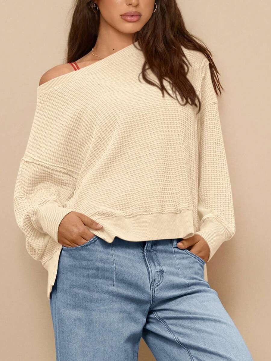 Women's Autumn Oversized Crew Neck Sweatshirt Casual Long-Sleeved Pullover Waffle Knit Top - 米色 - 查看 1
