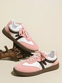 Damen Frühling/Herbst Outdoor Schuhe, wasserdicht rutschfest leicht zu reinigende runde Zehenkappe Low-Top Lässig Flache bequeme vielseitige Kontrastfarben Sneaker, Retrostil Vulkanisierte Schuhe, Farbe Pink