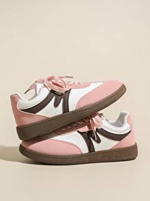Damen Frühling/Herbst Outdoor Schuhe, wasserdicht rutschfest leicht zu reinigende runde Zehenkappe Low-Top Lässig Flache bequeme vielseitige Kontrastfarben Sneaker, Retrostil Vulkanisierte Schuhe, Farbe Pink