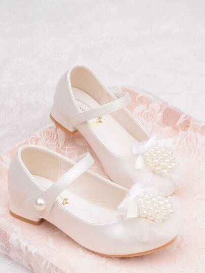 女童高跟公主鞋，新款春秋珍珠花皮革小女孩/兒童/寶寶女孩鞋