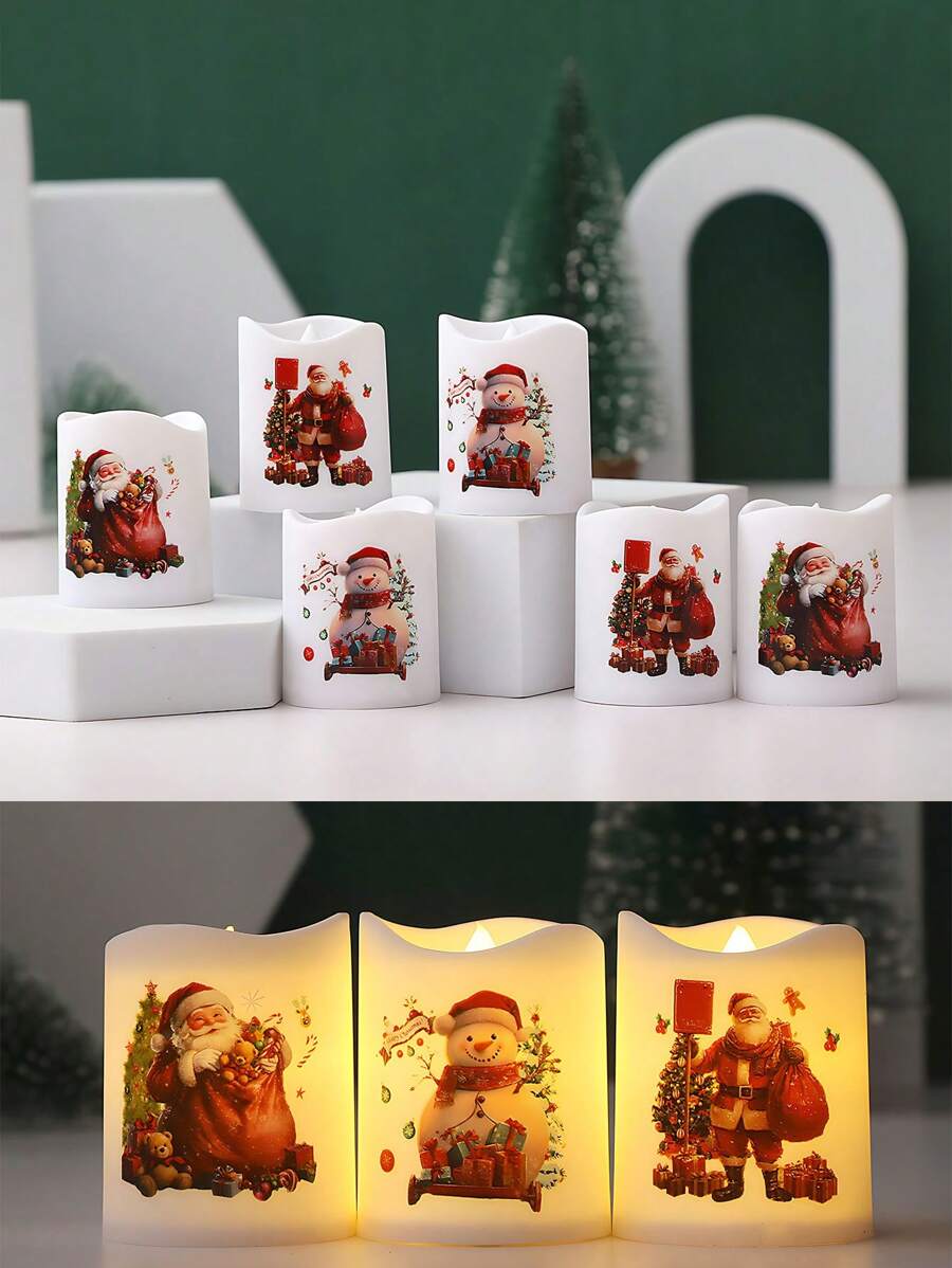 6个/1个装圣诞无焰闪烁LED蜡烛，圣诞老人雪人定时茶蜡，无焰闪烁电池供电，含电池，持久耐用，适用于圣诞装饰、室内家居装饰、圣诞树装饰、圣诞餐桌装饰