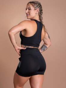 High Waist Fitness Shorts Set With Pocket And Racerback Top For Gym Workout GJR Modas - Grey - View 3