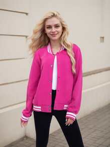 Women's Lightweight Baseball Jacket - Versatile Stitching Fabric Outerwear With Multi-Fabric Options And Unique Patterns - 紫紅色3 - 查看 3
