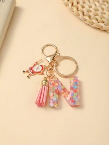 1pc Christmas Santa Claus Key Chain With Alphabet Resin Charm & Butterfly Tassel, For Girls - Pink - View 15