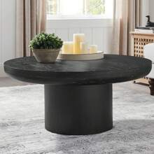 35.98Inch Round Coffee Table With Cylindrical Leg, Wood Veneer Tabletop Table, Rounded Sofa Side Table For Living Room Office - 黑色 - 查看 1