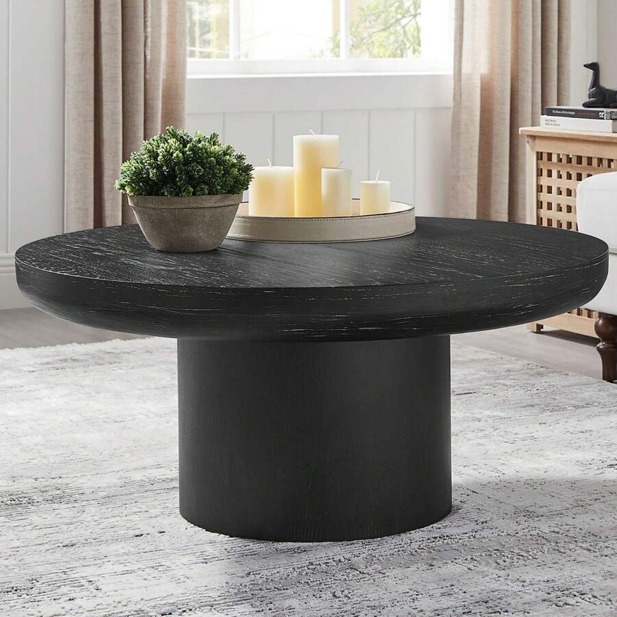 35.98Inch Round Coffee Table With Cylindrical Leg, Wood Veneer Tabletop Table, Rounded Sofa Side Table For Living Room Office - 黑色 - 查看 1