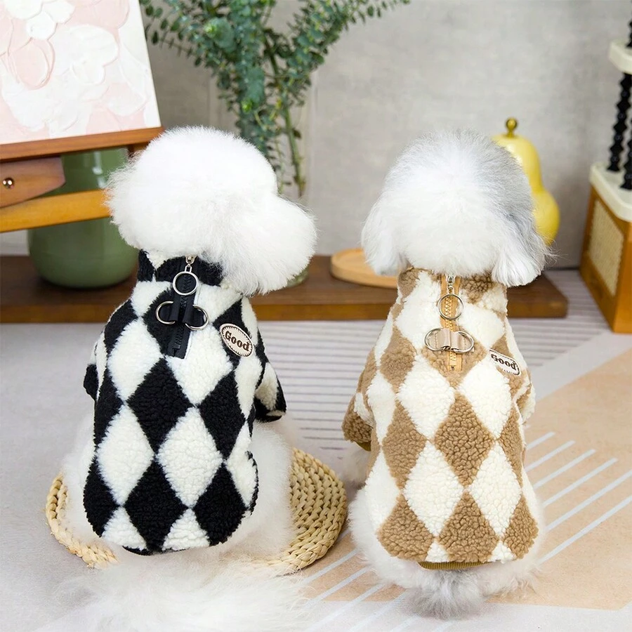 1 Quần áo mùa đông cho chó nhỏ, họa tiết lưới kim cương, áo len ấm cho Teddy, Poodle, Bichon Frise & mèo, thiết kế mới có lỗ xỏ dây xích và vòng cổ có thiết kế khóa kéo - màu đen - Xem 1
