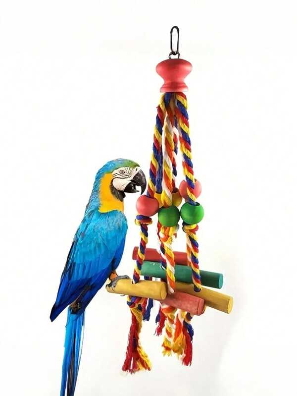 1pc Parrot Rope Colorful Wooden Block Chew Toy (L30cm X W9cm), Parrot Chewing & Boredom Relief Hanging Toy, Bird Cage Accessory, Random Color