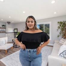 Plus Size Women's Blouses Elegant Ribbed Ruffle Off Shoulder Party - màu đen - Xem 4