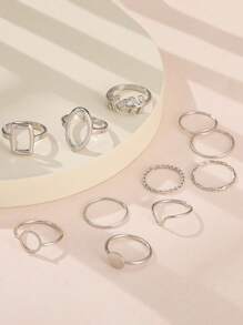 11pcs/Set Geometric Leaf Knuckle Rings, Creative Minimalist Design Joint Rings For Women - Silver - View 3