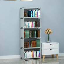 1pc 6-Tier 5-Compartment / 5-Tier 4-Compartment Silver Gray/Black/White Metal + Plastic + Non-Woven Fabric Combination, Multipurpose Storage Rack, Easy Assembly Bookshelf, Floor Stacking Storage Rack, Detachable Storage Organizer, Home Room Bedroom Kitchen Living Room School Dorm Practical Storage Rack