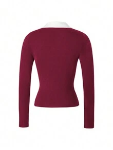 Vaiaye 女士优雅高领春夏上衣，适合通勤和日常穿着，纯色长袖针织T恤 - 酒紅色 - 查看 4