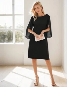 Elegant Chiffon Straight Dress Crew Neck Flutter Split Sleeve Party Wedding Cocktail Midi Dress, Woman's Clothing - màu đen - Xem 3