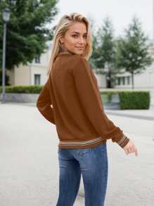 Women's Lightweight Baseball Jacket - Versatile Stitching Fabric Outerwear With Multi-Fabric Options And Unique Patterns - 駝色 - 查看 3