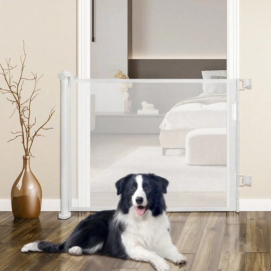 Barrera de seguridad retráctil para bebés y perros, 150x86 cm - regulable, extensible y enrollable - con cierre automático