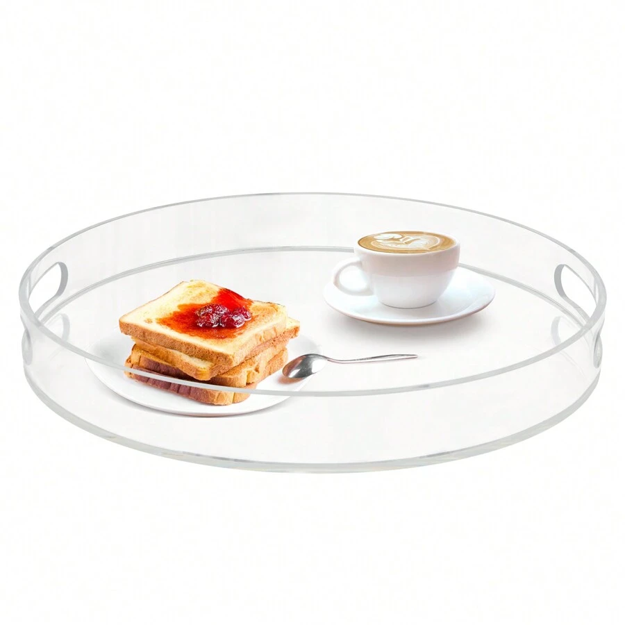 15.75inch Round Acrylic Tray Clear Serving Tray Home Decorative Coffee Table Tray Organizer W/ Handle - Clear - View 1