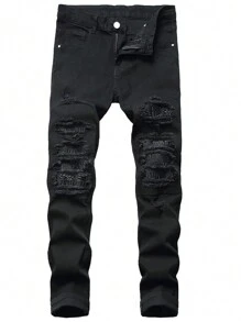 Denim Jeans For Men Slim Fit Ripped Stretch Skinny Distressed Stacked Straight Leg Moto Biker Pants - màu đen - Xem 1