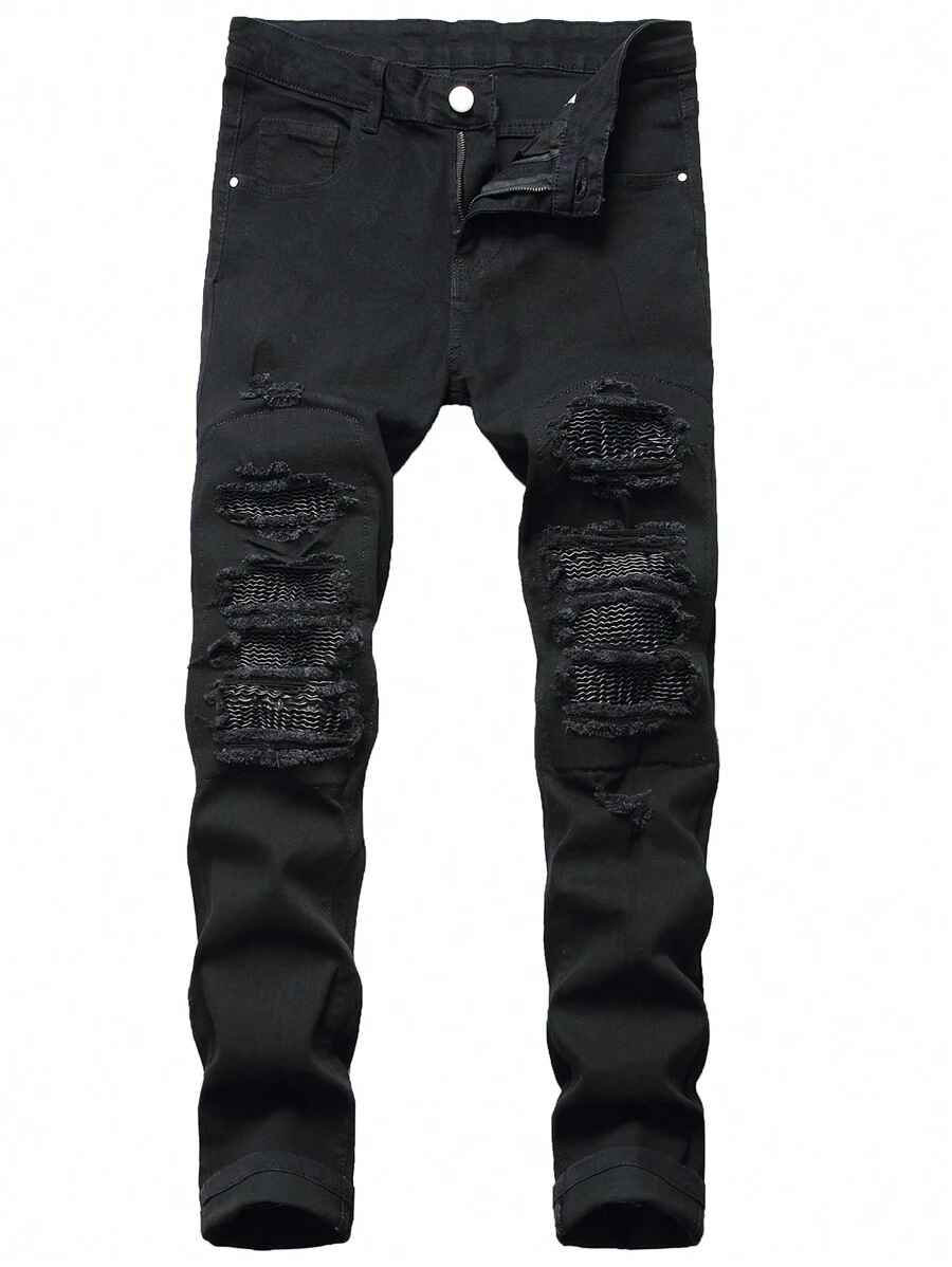 Denim Jeans For Men Slim Fit Ripped Stretch Skinny Distressed Stacked Straight Leg Moto Biker Pants - màu đen - Xem 1