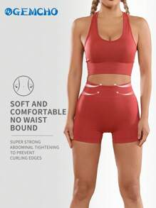GEMCHO Áo ba lỗ màu trơn thoáng khí và quần short nhẹ ở mông màu đào dành cho nữ trang bị bộ bài tập yoga thể hình Bộ đồ thể thao Bộ tập luyện Trang phục sân bay - Gỗ đỏ - Xem 3