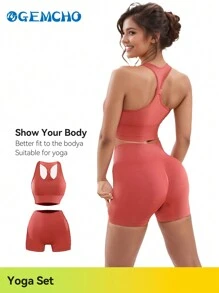 GEMCHO Áo ba lỗ màu trơn thoáng khí và quần short nhẹ ở mông màu đào dành cho nữ trang bị bộ bài tập yoga thể hình Bộ đồ thể thao Bộ tập luyện Trang phục sân bay - Gỗ đỏ - Xem 5