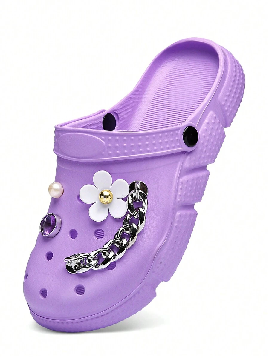 CIVHOM 女士花卉和水钻装饰木屐、一脚蹬软底厚底休闲花园拖鞋、夏季防滑沙滩拖鞋