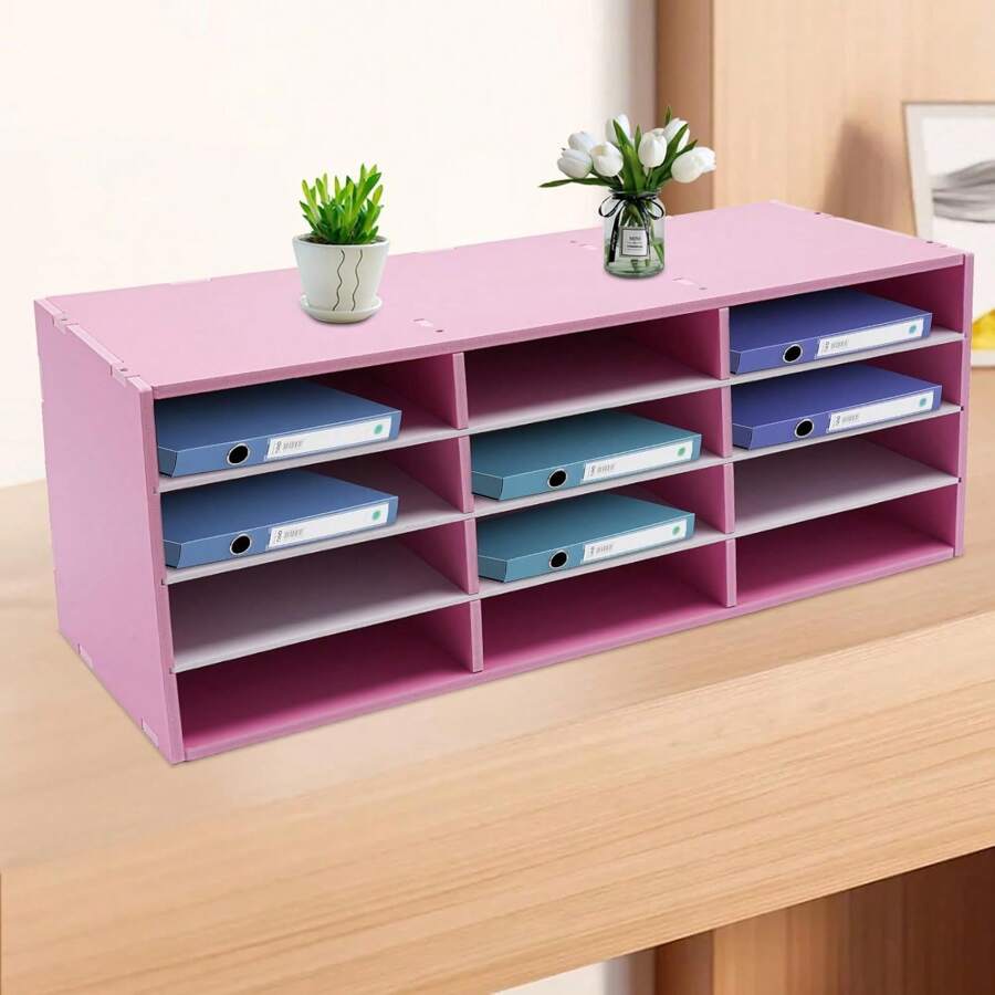 CNCEST 12 Slots Mail Sorter Organizer 4-Tier PVC Countertop Paper Storage Organizer Freestanding Literature Organizer Modern Classroom Student Mailbox For Office Home School (Pink/Blue)