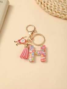 1pc Christmas Santa Claus Key Chain With Alphabet Resin Charm & Butterfly Tassel, For Girls - Pink - View 27