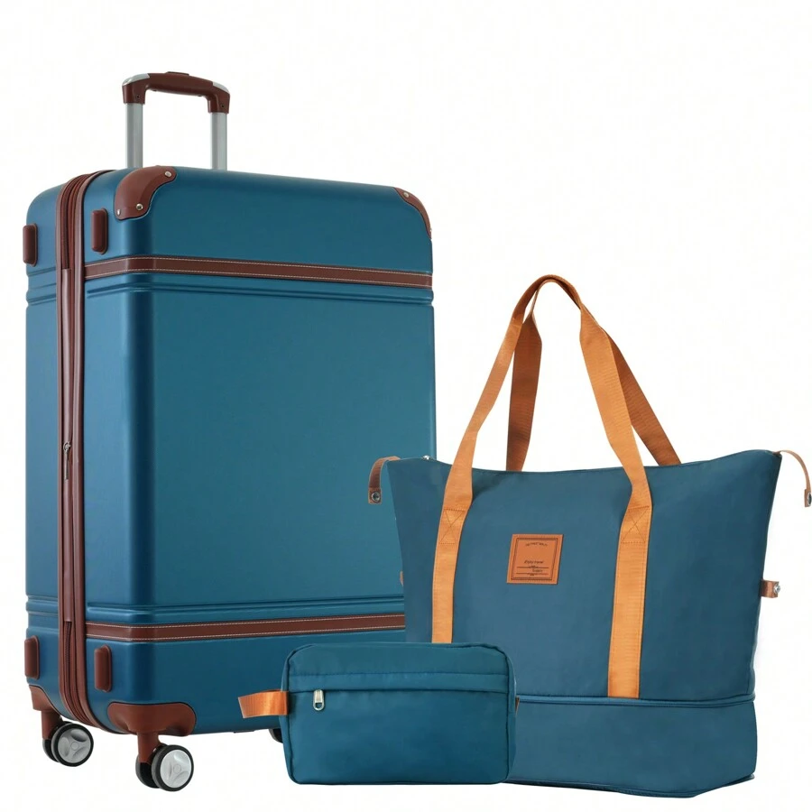 MERAX 硬壳行李箱套装，含轻便行李箱，双万向轮，带TSA海关锁；单只复古行李箱，20英寸/24英寸/28英寸可选；拉杆箱；万向轮行李箱；旅行行李箱；硬壳行李箱；登机箱；带轮行李箱；旅行必备；耐用；男女通用；度假；商务出行；大容量；旅行必备；旅行配件；旅行收纳；旅行用品 - 藍色 - 查看 1