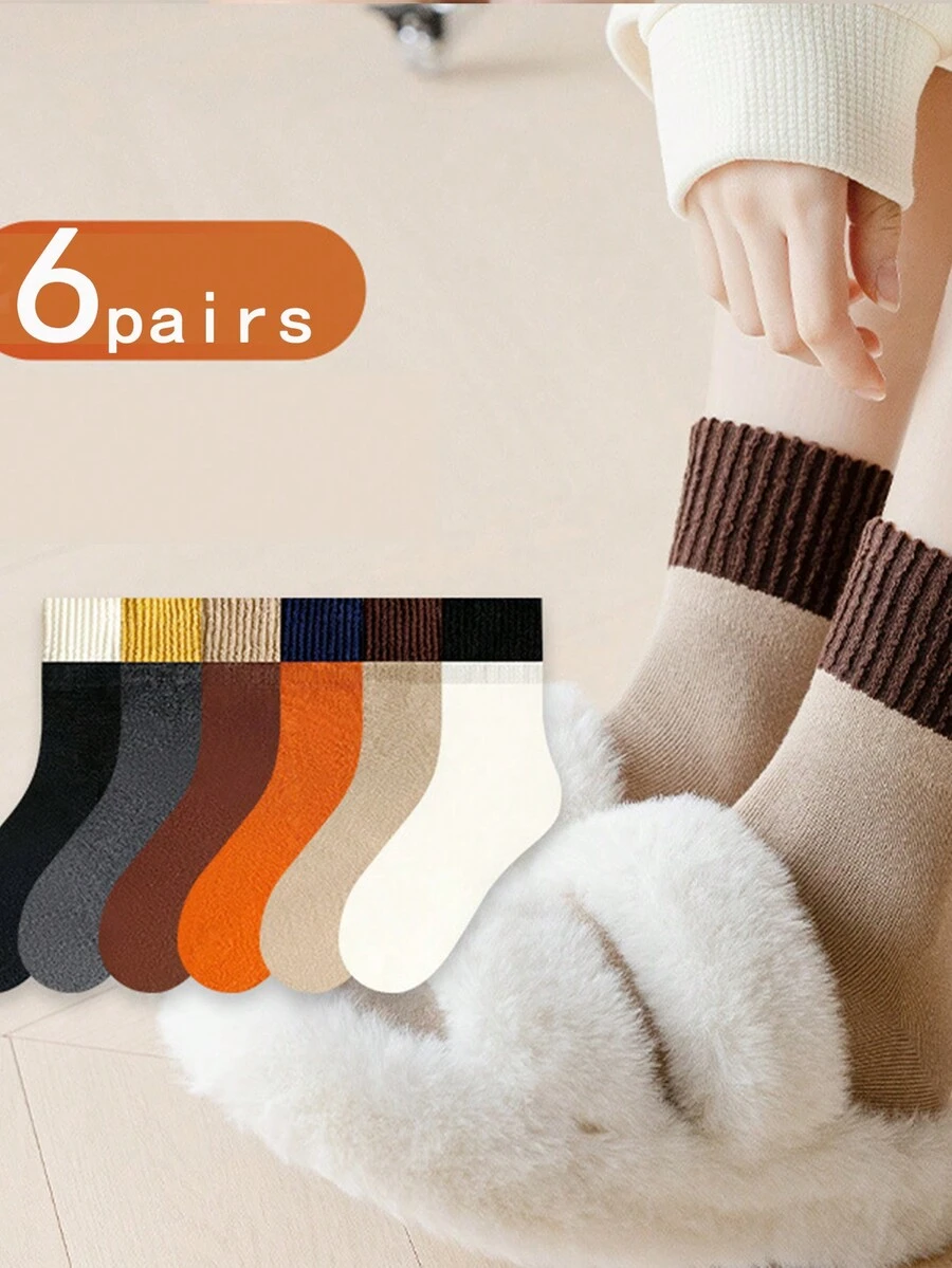6 双女士厚款暖色毛绒衬里中筒袜，秋冬款 - 彩色 - 查看 1