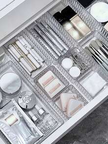 Hộp lưu trữ PET đa chức năng, Hộp lưu trữ ngăn kéo trong suốt, Hộp đựng đồ dùng nhà bếp, Hộp đựng đồ dùng văn phòng phẩm, Giỏ đựng đồ lộn xộn để bàn riêng biệt và kết hợp, Hộp đựng đồ làm đẹp - Trong sáng - Xem 4
