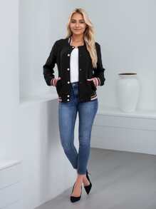 Women's Lightweight Baseball Jacket - Versatile Stitching Fabric Outerwear With Multi-Fabric Options And Unique Patterns - BLACK+PINK - View 4