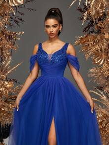 女士优雅蓝色亮片拼接网眼下摆礼服，适合女士舞会礼服、婚纱、伴娘礼服、晚礼服和返校节礼服，正式礼服，适合婚礼宾客、毕业典礼、晚宴 - 寶藍色 - 查看 9