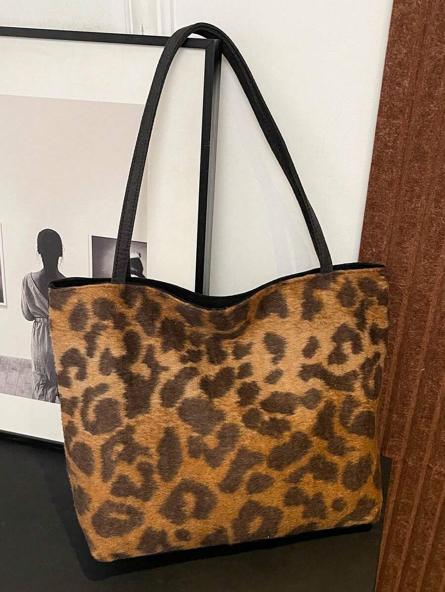 女士时尚新款豹纹手提包，百搭大容量学院风度假返校单肩包，复古日常通勤手提包，适合办公室工作，休闲秋冬户外旅行购物腋下包 - 彩色 - 查看 1