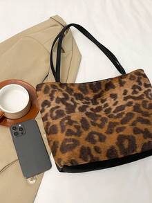 女士时尚新款豹纹手提包，百搭大容量学院风度假返校单肩包，复古日常通勤手提包，适合办公室工作，休闲秋冬户外旅行购物腋下包 - 彩色 - 查看 6