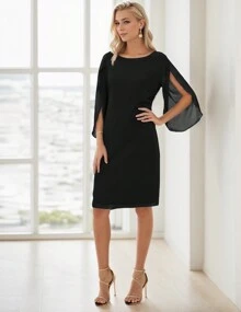 Elegant Chiffon Straight Dress Crew Neck Flutter Split Sleeve Party Wedding Cocktail Midi Dress, Woman's Clothing - màu đen - Xem 4