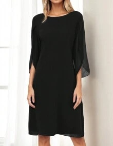 Elegant Chiffon Straight Dress Crew Neck Flutter Split Sleeve Party Wedding Cocktail Midi Dress, Woman's Clothing - màu đen - Xem 1